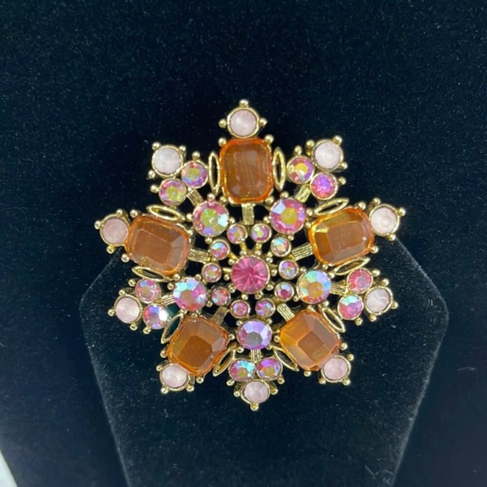 Snowflake Rhinestone Brooch Peach and Pink Aurora Borealis Gold Backing